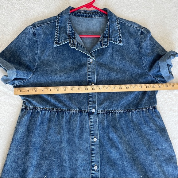 Denim Knee Length Dress Women Floral Short Sleeve Large Button Up Chambray - Picture 4 of 9